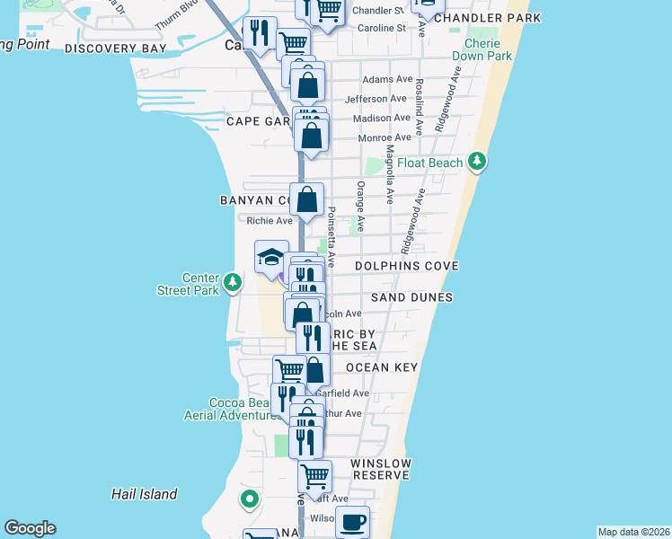 map of restaurants, bars, coffee shops, grocery stores, and more near 7240 Poinsetta Avenue in Cape Canaveral