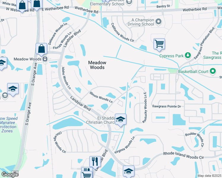 map of restaurants, bars, coffee shops, grocery stores, and more near 661 Iowa Woods Circle East in Orlando