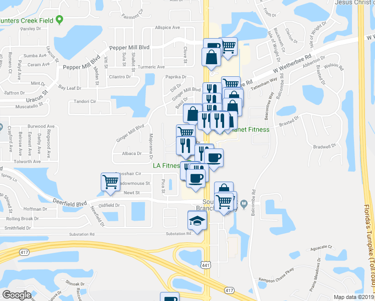 map of restaurants, bars, coffee shops, grocery stores, and more near 12550 South Orange Blossom Trail in Orlando