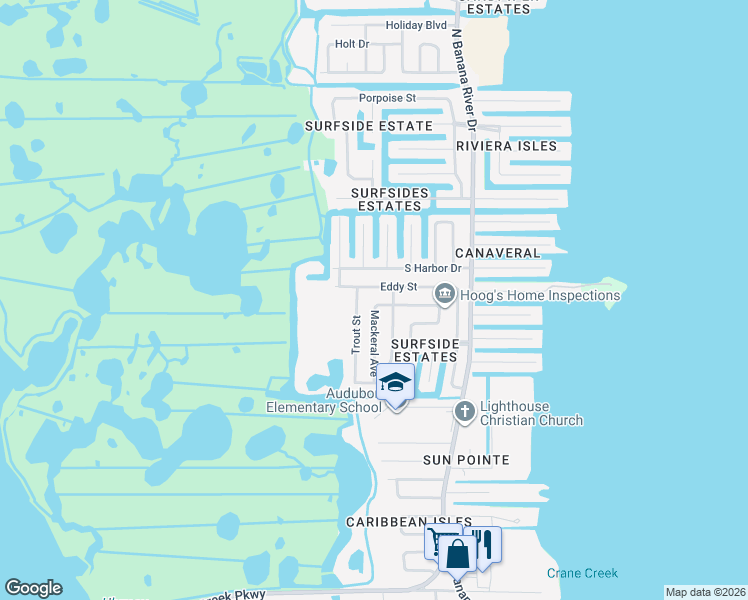 map of restaurants, bars, coffee shops, grocery stores, and more near 1430 Dorsal Street in Merritt Island
