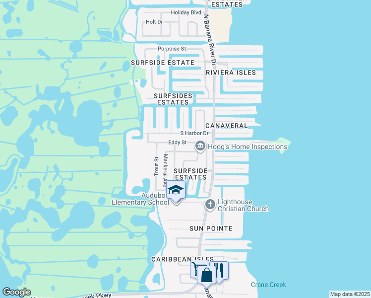 map of restaurants, bars, coffee shops, grocery stores, and more near 1525 Eddy Street in Merritt Island