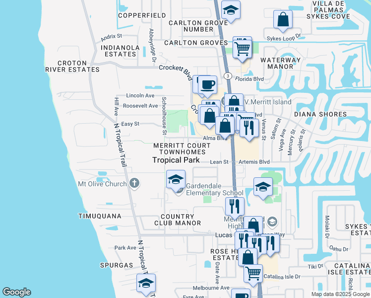 map of restaurants, bars, coffee shops, grocery stores, and more near 288 Nottingham Place in Merritt Island