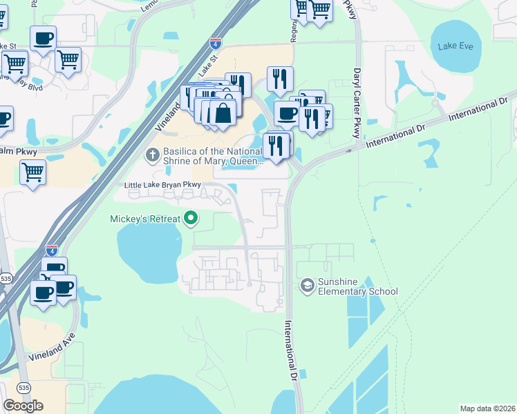 map of restaurants, bars, coffee shops, grocery stores, and more near 12843 Madison Pointe Circle in Orlando