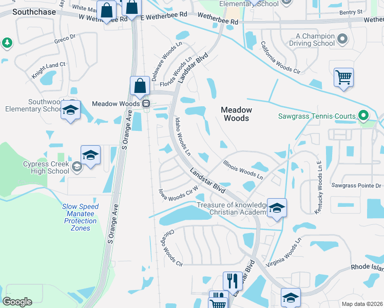 map of restaurants, bars, coffee shops, grocery stores, and more near 12635 Idaho Woods Lane in Orlando