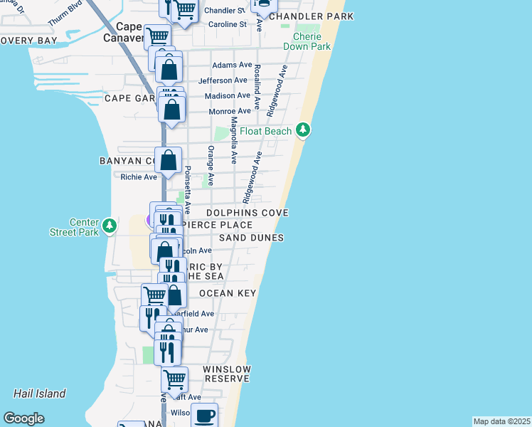 map of restaurants, bars, coffee shops, grocery stores, and more near 555 Fillmore Avenue in Cape Canaveral