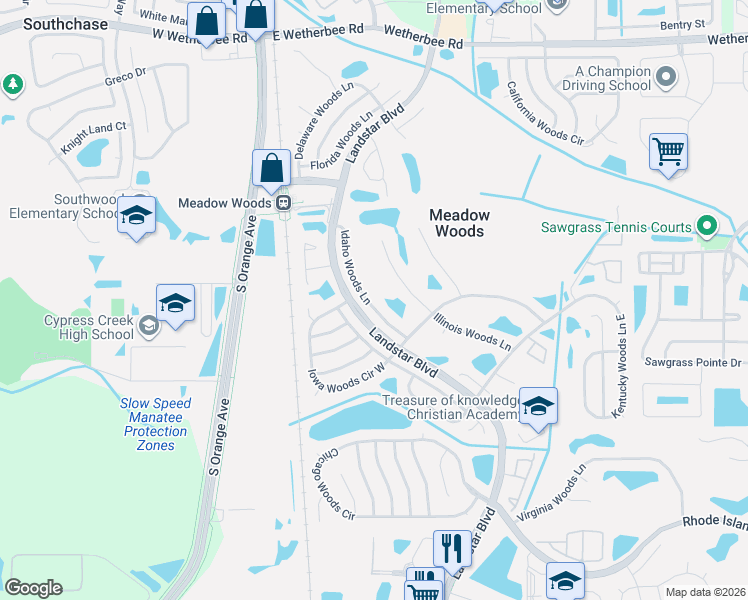 map of restaurants, bars, coffee shops, grocery stores, and more near 12635 Idaho Woods Lane in Orlando