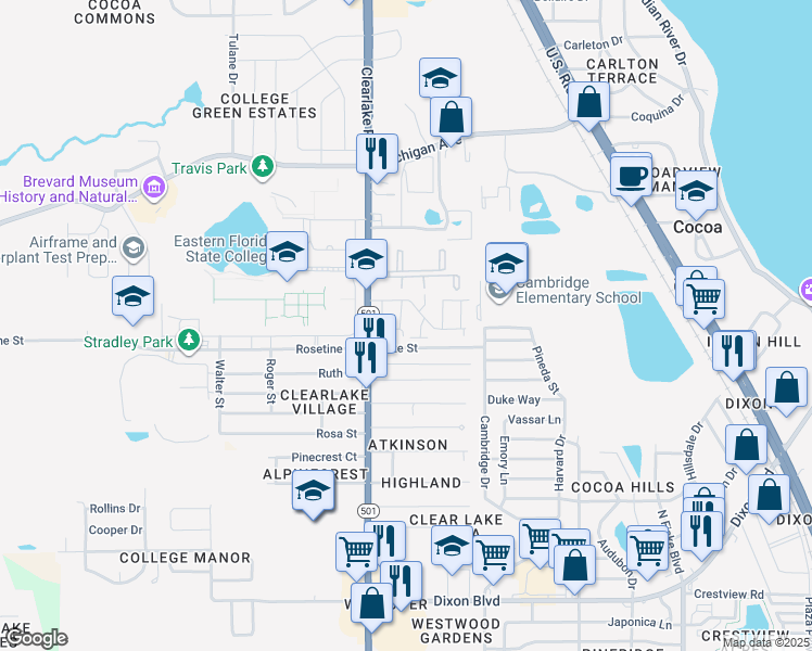 map of restaurants, bars, coffee shops, grocery stores, and more near 1514 Clearlake Road in Cocoa