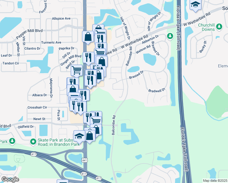map of restaurants, bars, coffee shops, grocery stores, and more near 1817 Putney Circle in Orlando