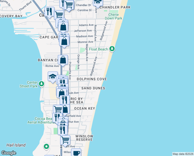 map of restaurants, bars, coffee shops, grocery stores, and more near 555 Fillmore Avenue in Cape Canaveral