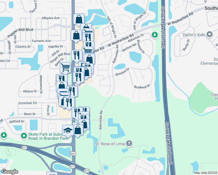 map of restaurants, bars, coffee shops, grocery stores, and more near 12505 Beacontree Way in Orlando