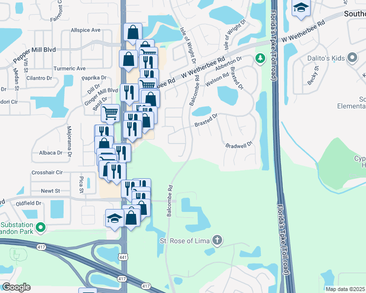 map of restaurants, bars, coffee shops, grocery stores, and more near 12505 Beacontree Way in Orlando