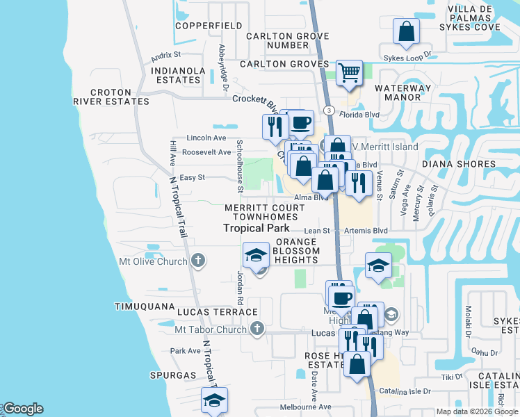 map of restaurants, bars, coffee shops, grocery stores, and more near 311 Sherwood Place in Merritt Island