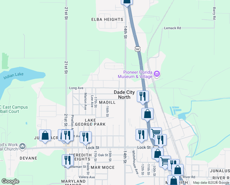 map of restaurants, bars, coffee shops, grocery stores, and more near 37407 Branch Avenue in Dade City
