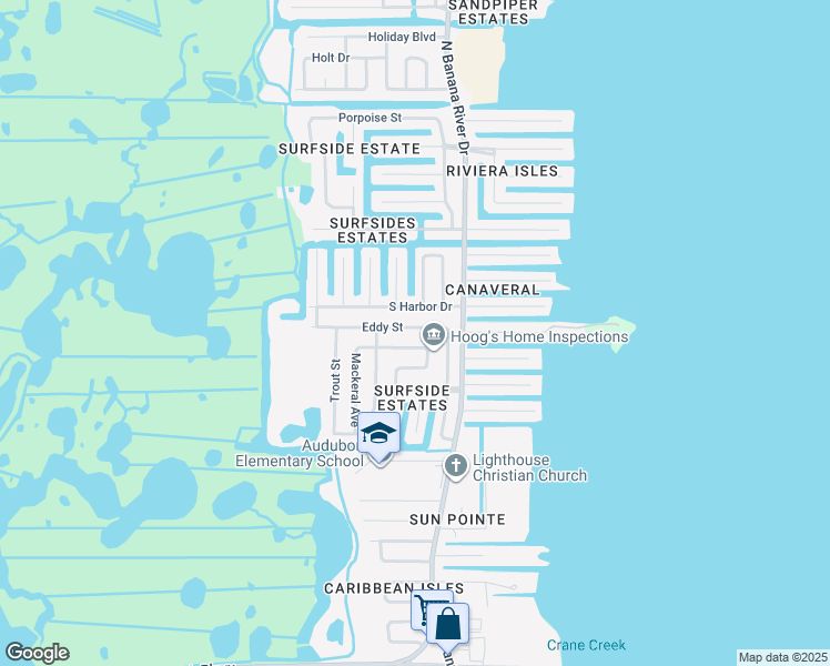 map of restaurants, bars, coffee shops, grocery stores, and more near 1525 Eddy Street in Merritt Island