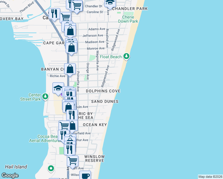 map of restaurants, bars, coffee shops, grocery stores, and more near 555 Fillmore Avenue in Cape Canaveral