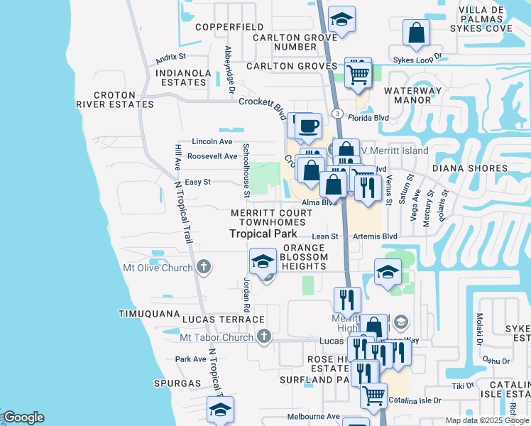 map of restaurants, bars, coffee shops, grocery stores, and more near 315 Sherwood Place in Merritt Island