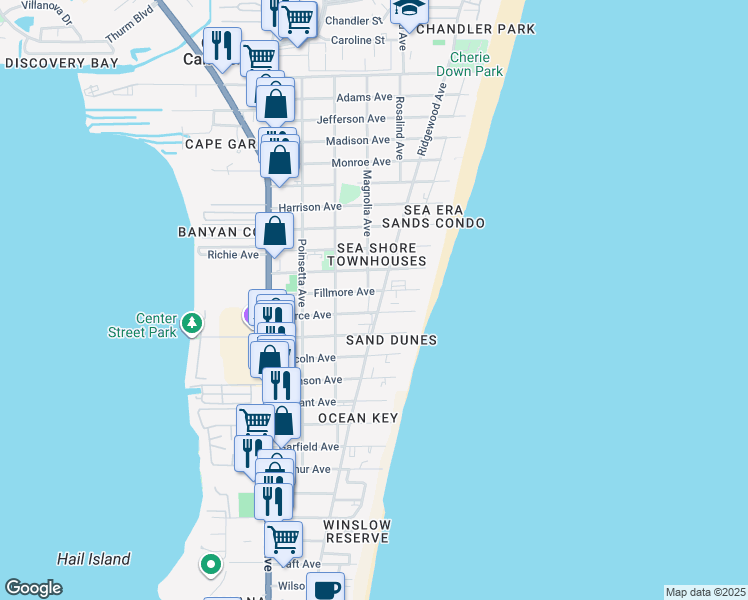 map of restaurants, bars, coffee shops, grocery stores, and more near 7201 Ridgewood Avenue in Cape Canaveral