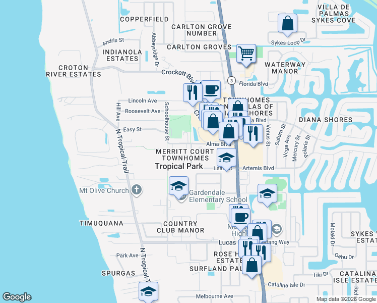 map of restaurants, bars, coffee shops, grocery stores, and more near 315 Sherwood Place in Merritt Island