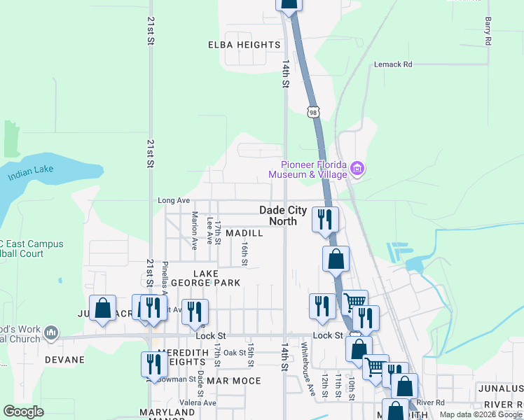 map of restaurants, bars, coffee shops, grocery stores, and more near 37407 Branch Avenue in Dade City