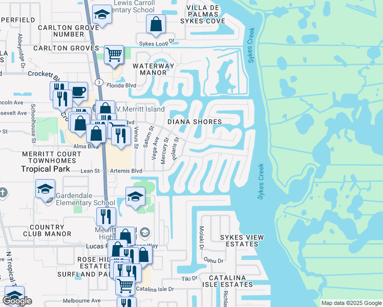 map of restaurants, bars, coffee shops, grocery stores, and more near 230 Artemis Boulevard in Merritt Island