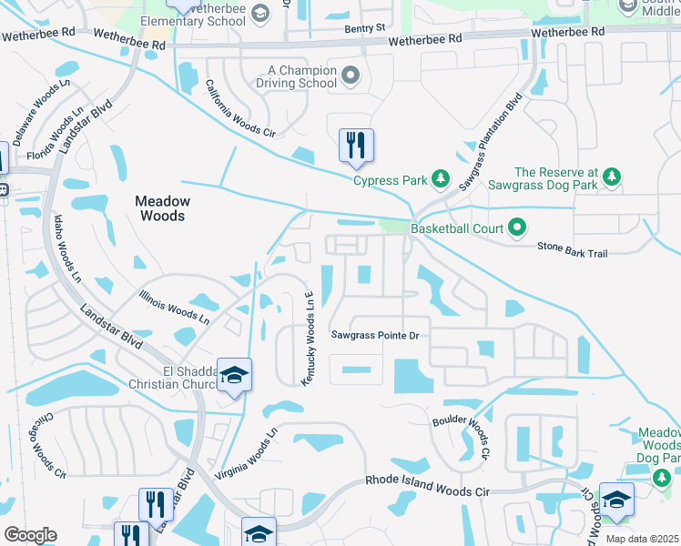 map of restaurants, bars, coffee shops, grocery stores, and more near 1124 Sawgrass Pointe Drive in Orlando