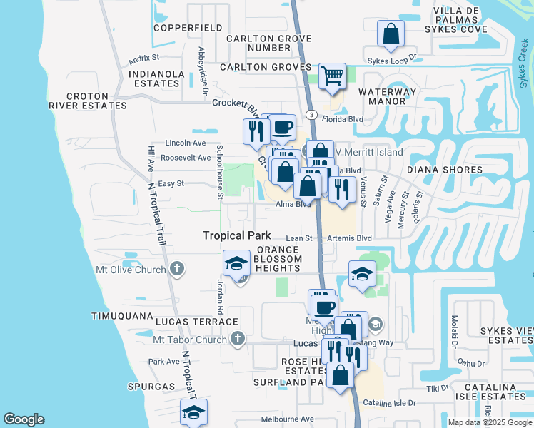 map of restaurants, bars, coffee shops, grocery stores, and more near 125 Alma Boulevard in Merritt Island