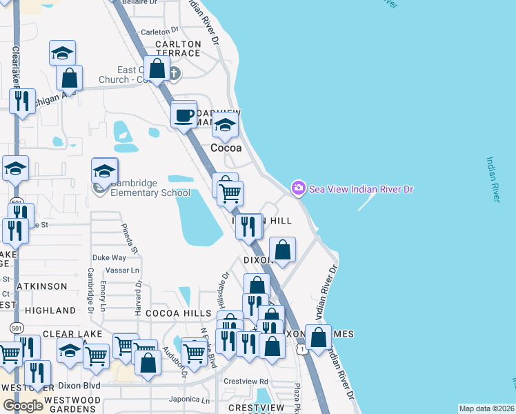 map of restaurants, bars, coffee shops, grocery stores, and more near 118 North Indian Circle in Cocoa
