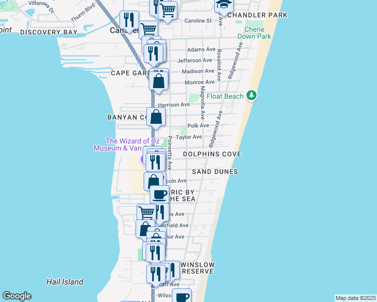 map of restaurants, bars, coffee shops, grocery stores, and more near 301 Fillmore Avenue in Cape Canaveral