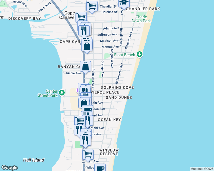 map of restaurants, bars, coffee shops, grocery stores, and more near 301 Fillmore Avenue in Cape Canaveral