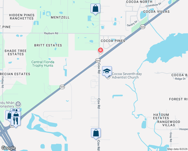 map of restaurants, bars, coffee shops, grocery stores, and more near 1515 Cox Road in Cocoa