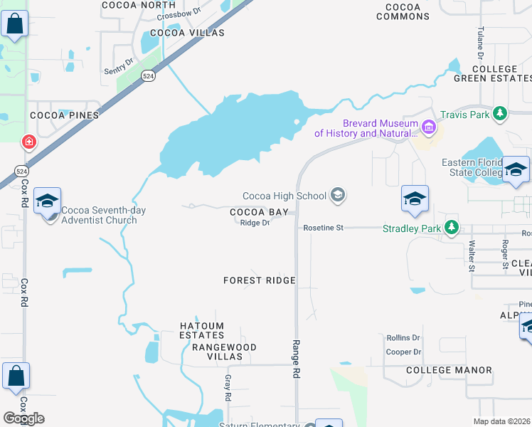 map of restaurants, bars, coffee shops, grocery stores, and more near 1605 Cocoa Bay Blvd in Cocoa