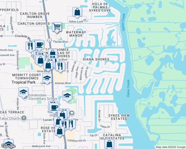 map of restaurants, bars, coffee shops, grocery stores, and more near 220 Artemis Boulevard in Merritt Island