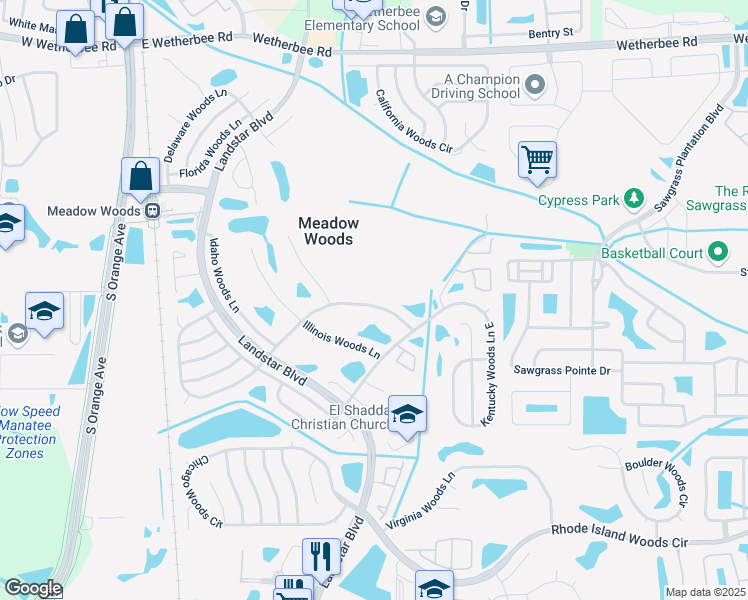 map of restaurants, bars, coffee shops, grocery stores, and more near 661 Iowa Woods Circle East in Orlando