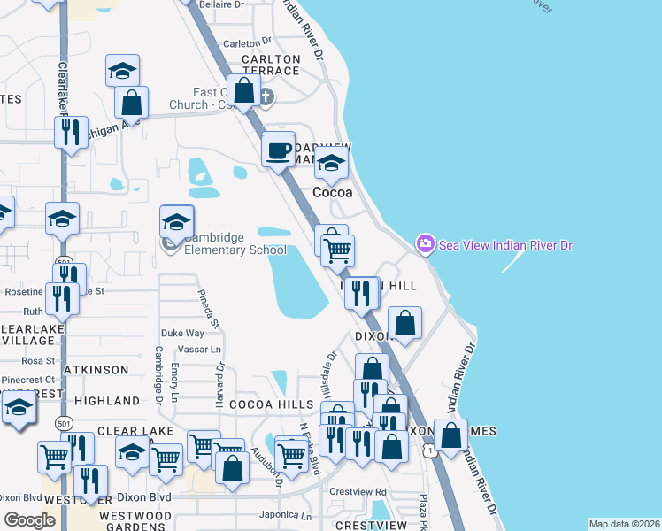 map of restaurants, bars, coffee shops, grocery stores, and more near 1521 North Cocoa Boulevard in Cocoa