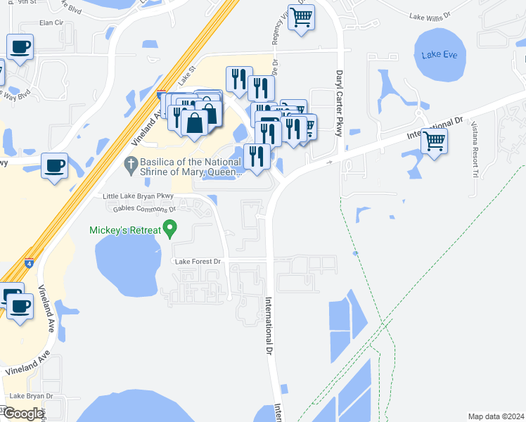map of restaurants, bars, coffee shops, grocery stores, and more near 12807 Madison Pointe Circle in Orlando