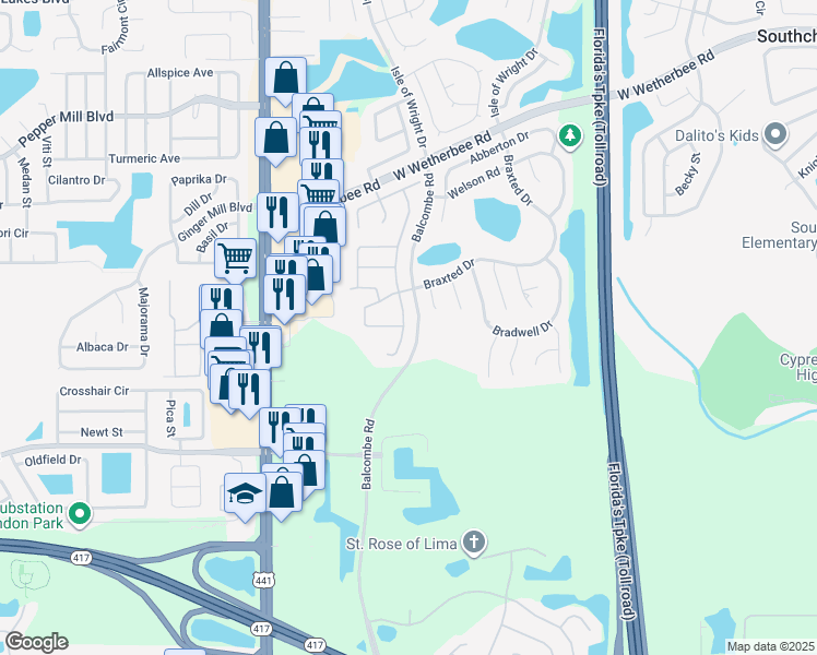 map of restaurants, bars, coffee shops, grocery stores, and more near 12505 Beacontree Way in Orlando