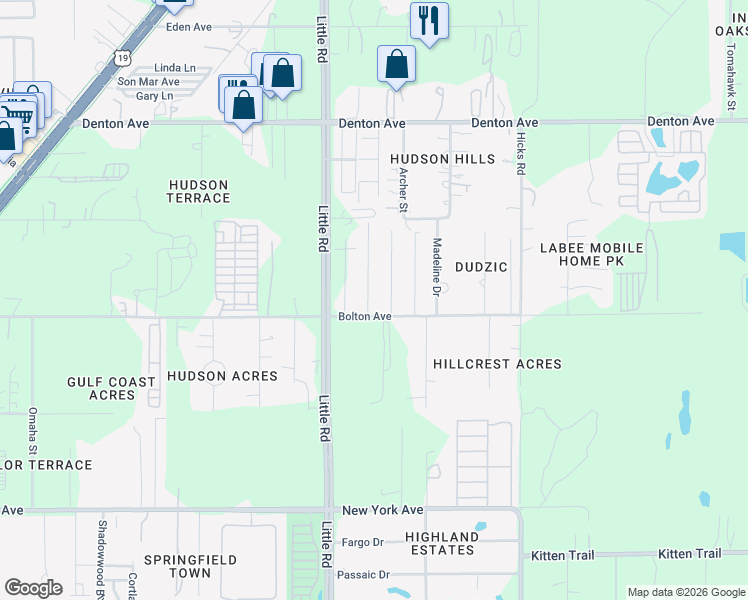 map of restaurants, bars, coffee shops, grocery stores, and more near 15516 Charmwood Drive in Hudson