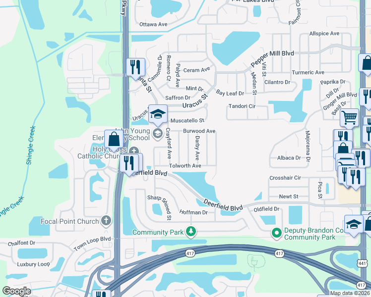 map of restaurants, bars, coffee shops, grocery stores, and more near 12600 Earnest Avenue in Orlando