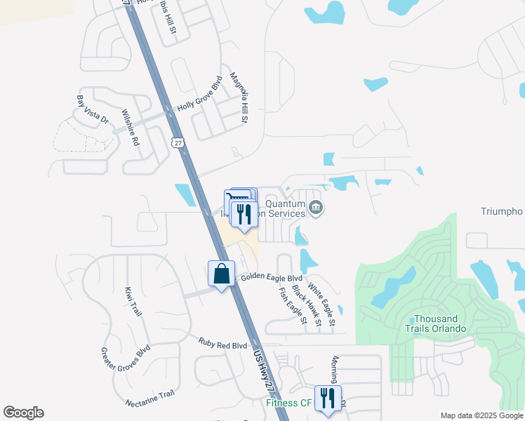 map of restaurants, bars, coffee shops, grocery stores, and more near 2501 Citrus Tree Road in Clermont