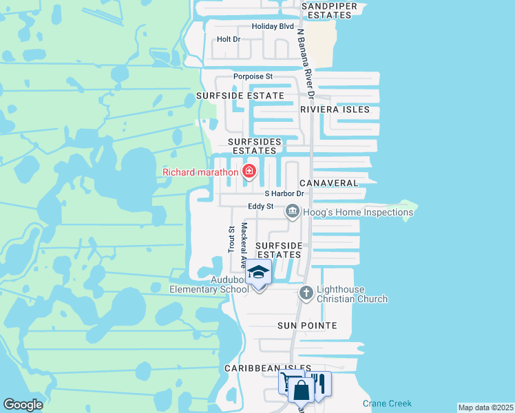 map of restaurants, bars, coffee shops, grocery stores, and more near 1457 Eddy Street in Merritt Island