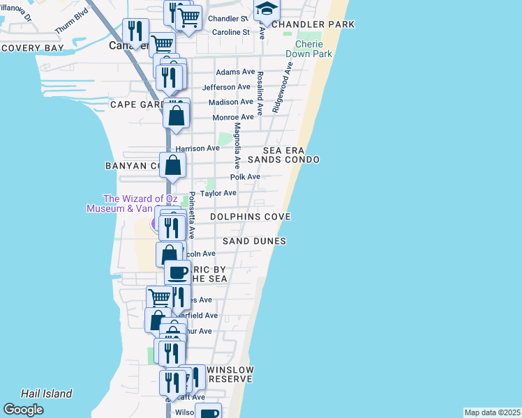 map of restaurants, bars, coffee shops, grocery stores, and more near 555 Fillmore Avenue in Cape Canaveral