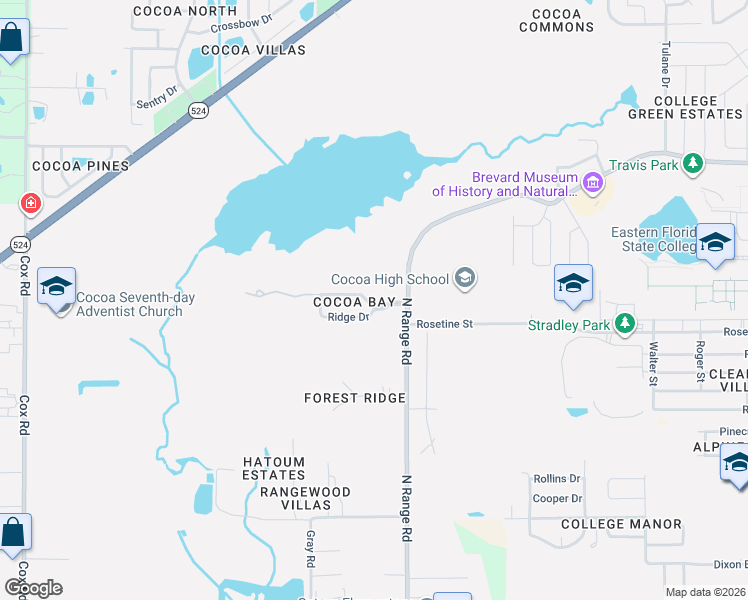 map of restaurants, bars, coffee shops, grocery stores, and more near 1605 Cocoa Bay Boulevard in Cocoa