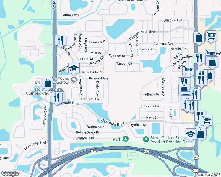 map of restaurants, bars, coffee shops, grocery stores, and more near 2749 Burwood Avenue in Orlando