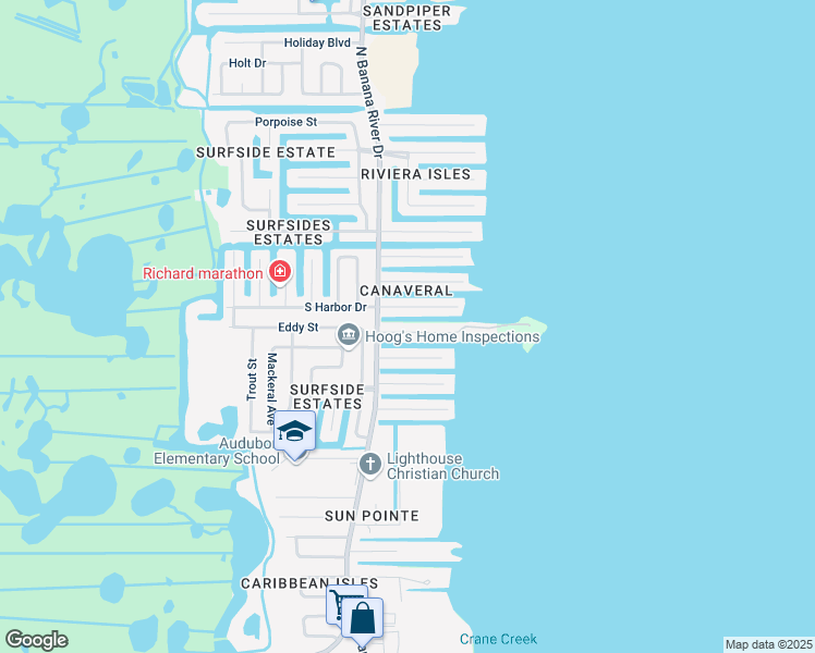 map of restaurants, bars, coffee shops, grocery stores, and more near 1656 Shore Drive in Merritt Island