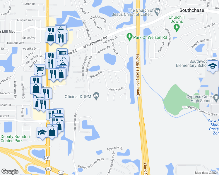 map of restaurants, bars, coffee shops, grocery stores, and more near 1405 Bradwell Drive in Orlando