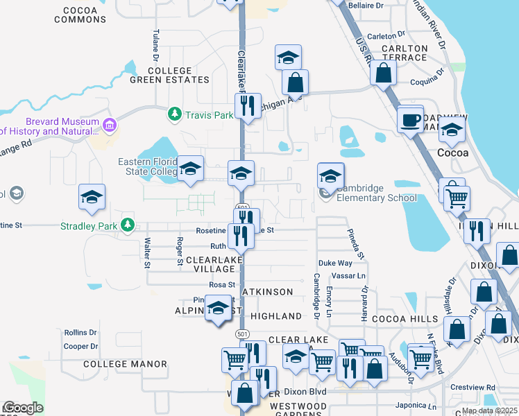 map of restaurants, bars, coffee shops, grocery stores, and more near Unnamed Road in Cocoa