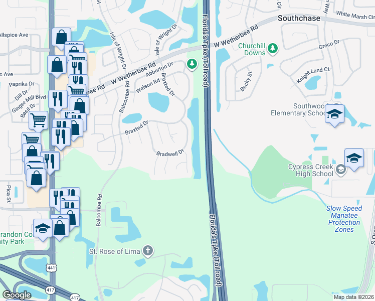 map of restaurants, bars, coffee shops, grocery stores, and more near 12605 Oldcastle Drive in Orlando