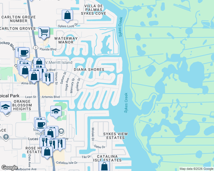 map of restaurants, bars, coffee shops, grocery stores, and more near 380 Artemis Boulevard in Merritt Island