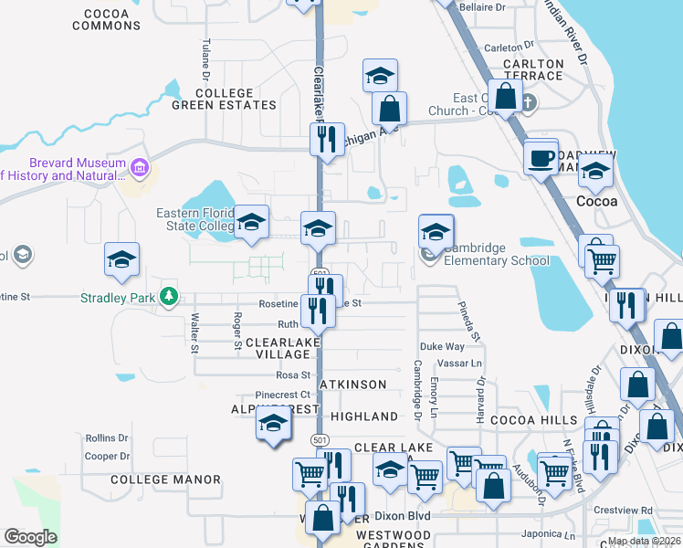 map of restaurants, bars, coffee shops, grocery stores, and more near Unnamed Road in Cocoa