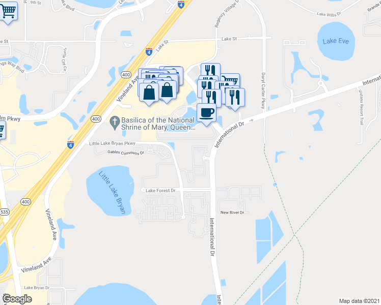 map of restaurants, bars, coffee shops, grocery stores, and more near 12843 Madison Pointe Circle in Orlando
